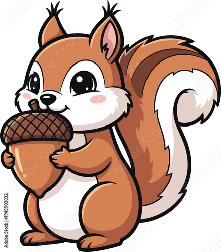 Cute cartoon squirrel holding a large acorn Black outline coloring book