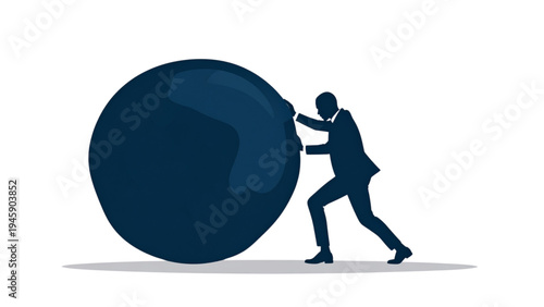 Black Silhouette Flat Vector Illustration of Businessman Pushing Large Round Stone Uphill, Striving for Success and Overcoming Challenges