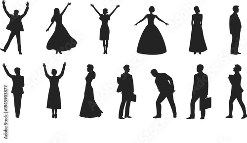 Stylized silhouettes of twelve people in dynamic and formal poses, showcasing expressive gestures and attire, perfect for lifestyle, fashion, and creative design projects.