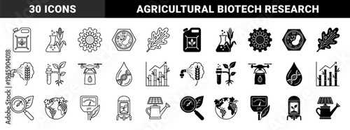 Biotechnology and smart farming icons featuring hybrid designs like circuit board leaves lab equipment merged with crops and drone irrigation systems