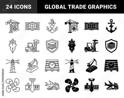 Hybrid logistics and global trade icons featuring crane with circuit board container shield and anchor lightning bolt in outline and solid styles