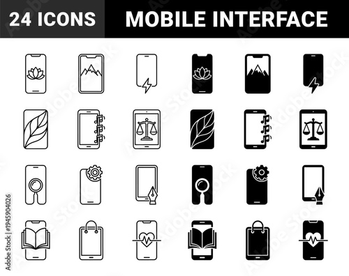 Hybrid mobile app interface symbols merging smartphone silhouettes with lotus mountain lightning leaf music scales justice search gear pen book bag and heart rate