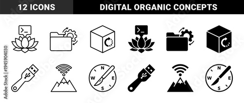 Hybrid Conceptual Symbols Merging Digital Programming with Organic Elements Including Lotus Flowers DNA Helixes and Mountain Signal Transmitter Peaks