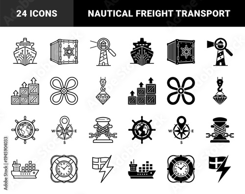 Marine logistics and maritime technology icons featuring hybrid designs of cargo ships with circuit patterns and lighthouses with magnifying lenses