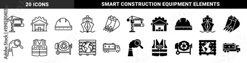 Industrial Logistics and Sustainable Construction Icons Featuring Hybrid Symbols of Green Energy Cargo Shipping and Smart Infrastructure Engineering