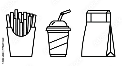 Vector graphic illustration of fast food items including fries, drink, and sandwich box design
