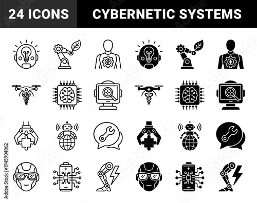 Collection of hybrid robotics and artificial intelligence symbols merging human anatomy with electronic circuitry and industrial mechanical components