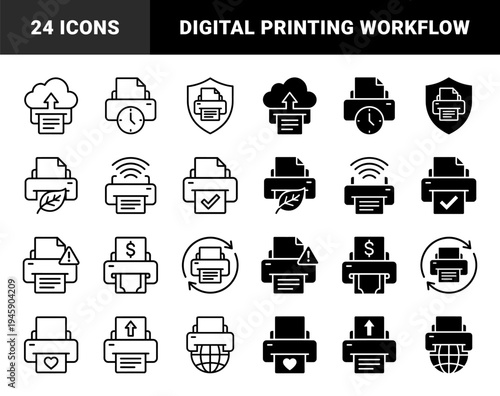 Hybrid printer conceptual symbol set featuring integrated metaphors for cloud storage scheduling security environmental sustainability and global networking