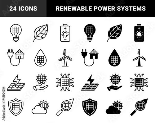 Sustainable energy hybrid symbols merging solar panels with light bulbs, water drops, and nature leaves in a clean outline and solid style