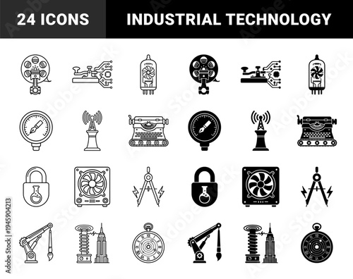 Hybrid Steampunk Technology and Industrial Engineering Symbols Merging Antique Machinery with Modern Electronic Circuitry and Scientific Apparatus