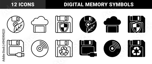 Hybrid digital storage and sustainability concept icons featuring floppy disk and disc media merged with organic leaf recycle and medical symbols