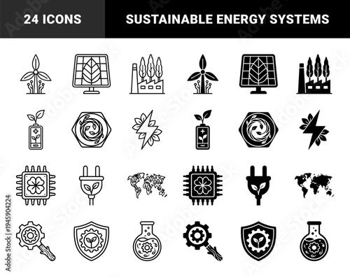 Sustainable Green Technology Hybrid Icons Featuring Wind Turbines With Circuitry Solar Panels Integrated Leaves And Eco Friendly Power Grid Symbols