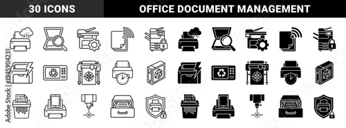 Hybrid printer and document management icons featuring cloud connectivity secure printing paper shredding and office scanning hardware in outline and solid styles