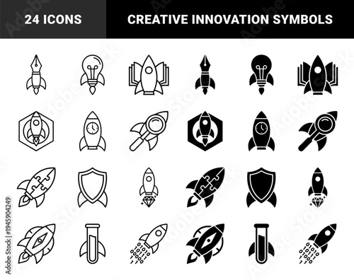 Hybrid Startup Growth Concept Icons Merging Rockets with Fountain Pens Lightbulbs Books Magnifying Glasses Puzzles Diamonds and Laboratory Flasks