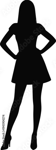 PrintConfident female silhouette in short dress and high heels, hands on hips pose, stylish fashion artwork perfect for elegance, lifestyle, advertising, and creative design projects.