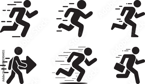 Silhouette of running figures in progressive motion sequence isolated on transparent background, showcasing motion and energy,