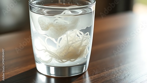 psyllium. A glass of water with psyllium husk fibers creating organic swirls, lit from the side on a wooden table. bar promotions, beverage menus, designed for product packaging and bar promotions.