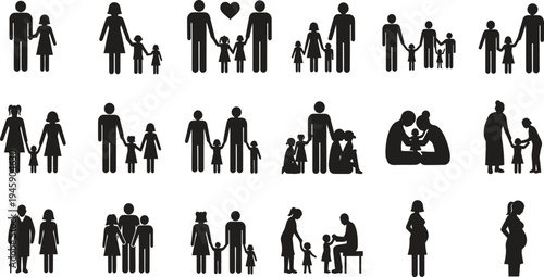 Family silhouettes collection with parents children pregnancy parenting and relationships vector illustration isolated background