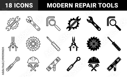 Hybrid industrial maintenance and construction icons merging traditional hand tools with smart technology and residential repair concepts for technical service branding