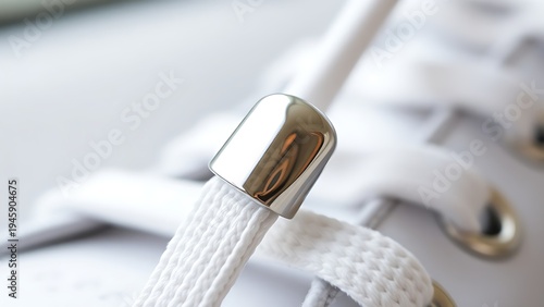 osmium. Polished metal aglet at the end of a white shoelace with metallic texture. lifestyle magazines, social media lookbooks, designed for lifestyle magazines and social media content.