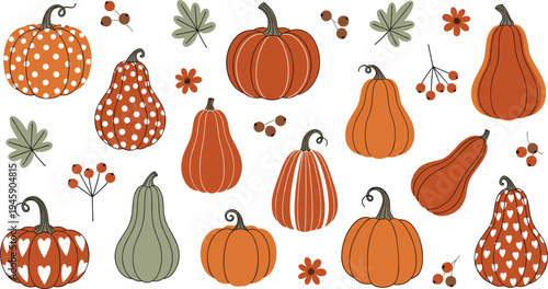 Autumn Pumpkin Collection with Decorative Patterns and Fall Harvest Illustration