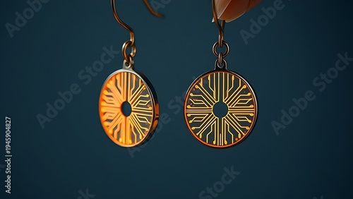 materialization. Elegant minimalist earrings with glowing embedded circuit pattern, fusion of fashion and technology. symbolizing technological progress and responsible innovation.