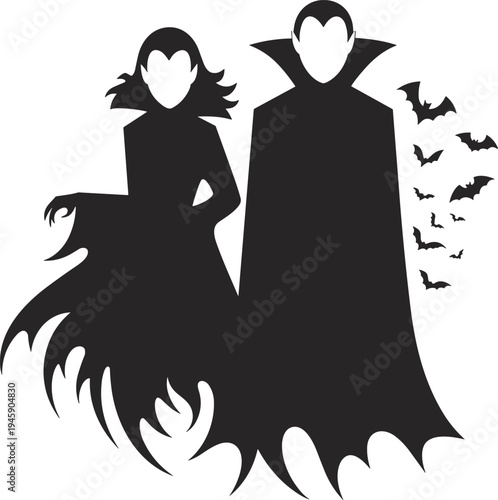 PrintDark vampire silhouettes with flowing cloak and high-collared cape, gothic fantasy artwork featuring flying bats, perfect for Halloween, horror themes, and eerie design projects.