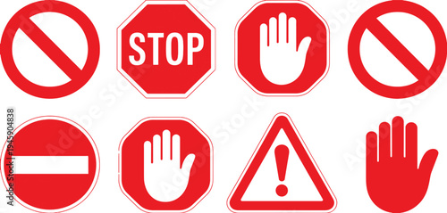 Collection of red traffic and warning signs on white background
