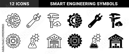 Hybrid Industrial and Digital Technology Symbols Featuring Gear Brain Fusion Power Plug Wrench Caliper Cloud and Laboratory Flask Molecule Concepts