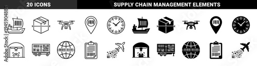 Logistics and supply chain management hybrid icons merging shipping transport symbols with barcode and data scanning elements for smart warehouse tracking