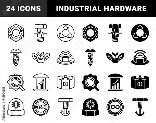 Industrial Hardware Hybrid Concepts Merging Bolts and Nuts with Circuitry Leaf Infinity and Growth Symbols for Technical Engineering Design