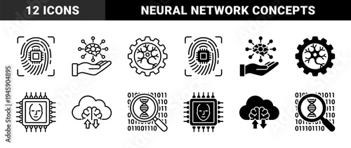 Hybrid biotechnological and artificial intelligence icons merging human biology with digital circuits neural networks and genetic data analysis
