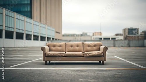 flagrant. A worn-out sofa on an empty urban lot, overcast daylight. real-estate listings, architecture portfolios, designed for interior renovation comparisons for interiors.