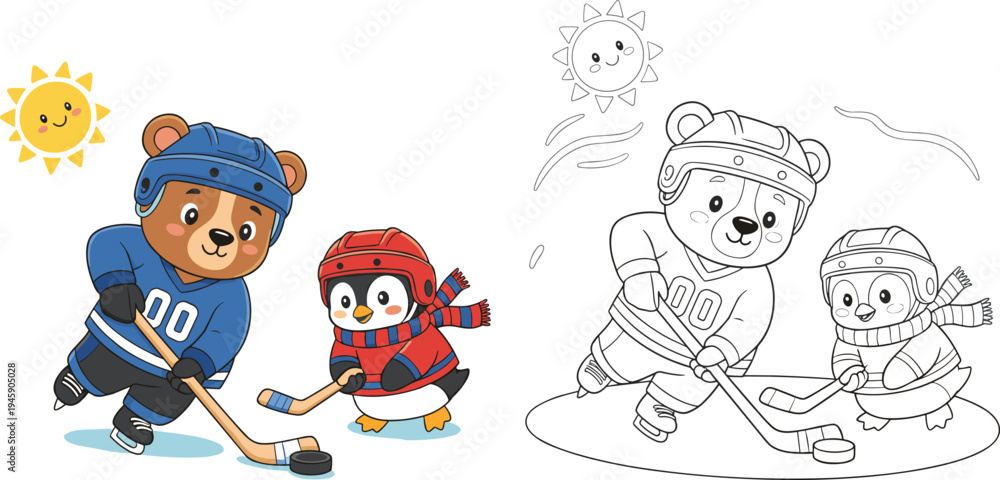 Fototapeta premium Playful bear and penguin ice hockey match illustration with smiling sun, colorful sports uniforms, and fun winter activity scene plus black-and-white coloring page version