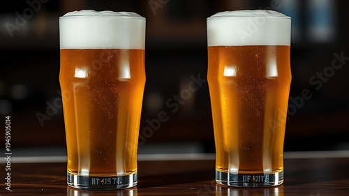 gulp. Two glasses of golden beer with frothy heads on a dark counter. bar promotions, beverage menus, designed for product packaging and bar promotions, used by travel agents.