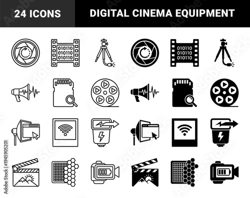 Hybrid filmmaking and digital media production symbols merging traditional cinema gear with data processing and wireless communication elements