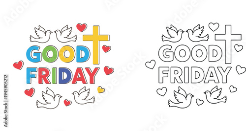 Colorful Good Friday Design - Cross, Doves, and Hearts