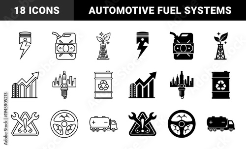 Hybrid energy and automotive icons merging fuel canisters with currency oil barrels with recycling and engine pistons with lightning bolts