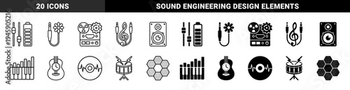 Abstract audio and music hybrid icons merging electronic equipment with organic and industrial elements featuring speakers instruments and wave patterns