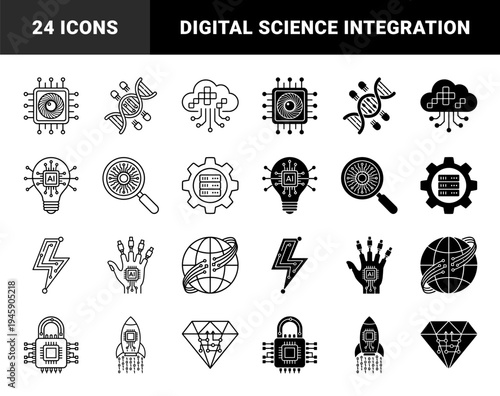 Hybrid technology and science icons merging artificial intelligence with biology cloud computing global connectivity and energy in outline and solid styles