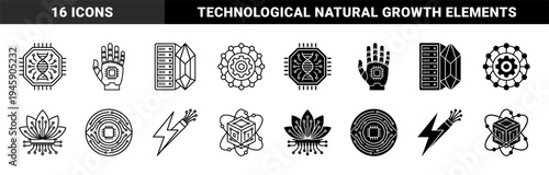 Hybrid technology and biology icon set featuring dna microchips robotic hands server crystals and circuit lotus flowers in outline and solid styles