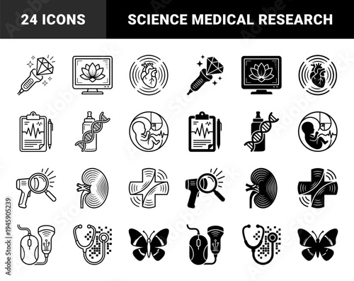 Biomedical Science Hybrid Icons Integrating Medical Technology with Organic Life Forms Featuring Ultrasound Diamonds DNA Bottles and Digital Hearts