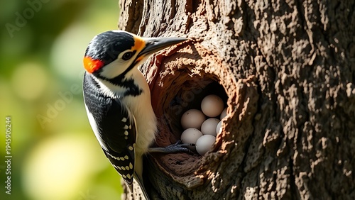 unhatched. Woodpecker creating a hole in a tree trunk, revealing unhatched eggs inside, detailed wildlife. wildlife magazines, conservation campaigns, designed for nature documentaries and education.
