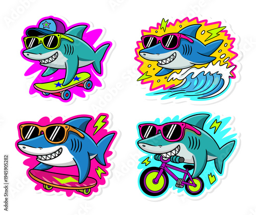 Cool Shark Cartoon Characters Sticker Set.