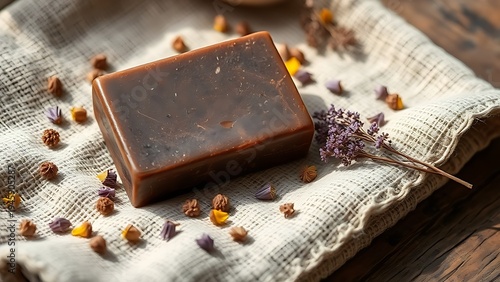 patchouli. Dark brown patchouli soap bar on rough linen with dried flowers, rustic texture. gardening catalogs, home-decor guides, designed for home decor and floral branding, used by ui designers.
