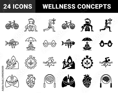 Hybrid wellness and fitness concepts merging exercise equipment with organic food and anatomy symbols in outline and solid style