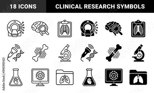 Medical diagnostic hybrid icons featuring mri scanner symbols brain research with magnifying glass dna ultrasound probes and laboratory flask anatomy