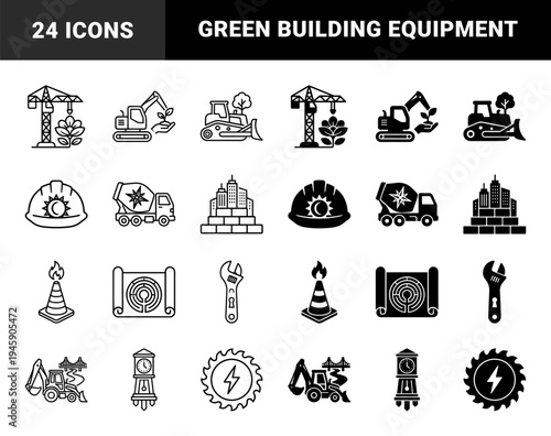 Hybrid construction and environmental sustainability icons featuring heavy machinery merged with organic nature elements and renewable energy symbols