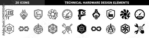 Industrial Engineering and Mechanical Manufacturing Hybrid Icons Featuring Caliper Nut Measurement Factory Shield Cooling Fan and CPU Circuitry