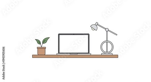 Laptop on desk with lamp plant.